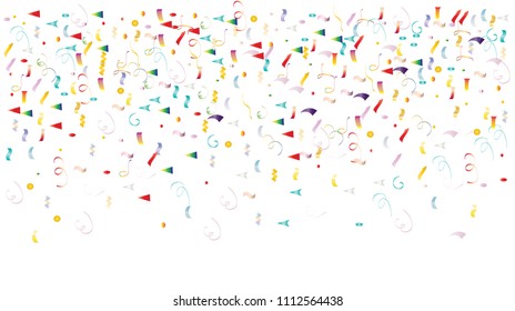 Colored Foil Confetti Falling Down, Cool Stars, Tinsel. Elegant Christmas, Birthday Party, New Year Winter Background. Gift Voucher, Sale Golden Foil Texture. Childrens Colorful Foil Confetti Border.