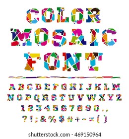 Colored font from the broken into fragments letters. Colored font. Mosaic alphabet. Isolated on white background.