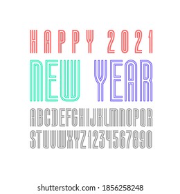 Colored font from thin line, modern alphabet sans serif, condensed letters and numbers, vector illustration 10EPS