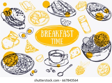Colored food breakfast brochure with isolated black and yellow elements and attributes vector illustration