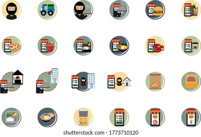 Colored food delivery icon sets