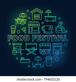Colored food festival vector linear illustration. Round street food concept symbol in linear style on dark background