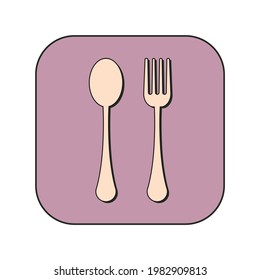 Colored food icon, spoon and fork. Retro style, flat, vector, isolated.
