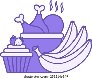 Colored Food Icon. Vector Icon. Products, Meal. Fried Chicken Legs, Strawberry Cupcake, and Bananas. Restaurant Concept