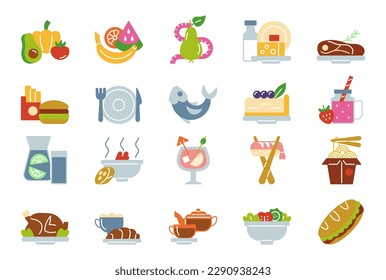 Colored food icons. Set of elements of meal, healthy food, sushi, fruits, vegetables, fish, meat, cutlery. Restaurant and cafe dishes. Cartoon flat vector collection isolated on white background