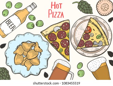 Colored Food set for pub design top view. Pub food frame vector illustration. Beer, meat, fast food and snacks hand drawn. Vintage engraved illustration for beer restaurant for beer restaurant.