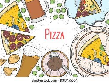 Colored Food set for pub design top view. Pub food frame vector illustration. Beer, meat, fast food and snacks hand drawn. Vintage engraved illustration for beer restaurant for beer restaurant.