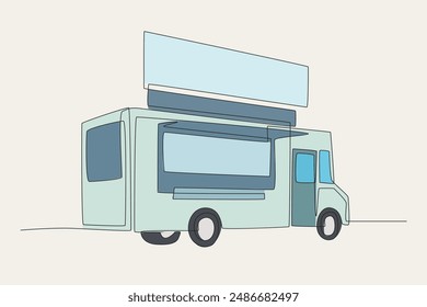 Colored food truck with billboard above. Food truck concept one-line drawing