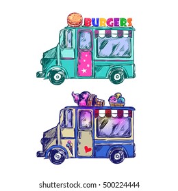 Colored food truck sketch with two icons truck burgers and ice cream vector illustration