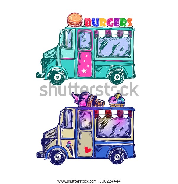 Colored food truck sketch with two icons\
truck burgers and ice cream vector\
illustration
