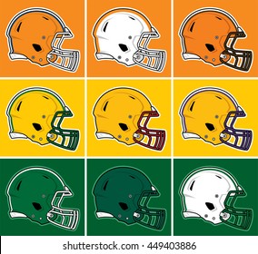 Colored football helmets in orange, yellow, green tones