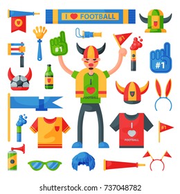 Colored football soccer fan attribute rooter buff man sport character accessories tools to cheer for your favorite team vector illustration.