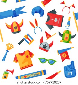 Colored football soccer fan attribute rooter buff man sport character accessories tools to cheer for your favorite team vector seamless pattern background.