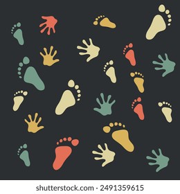 Colored footprints and palm prints. Vector on black background