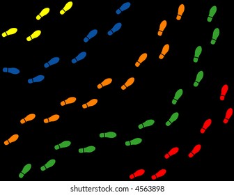 Passos coloridos em um fundo preto