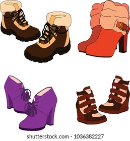 Colored footwear for women, set on white background. Objects, fashion, isolated