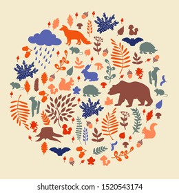 Colored forest autumn card. Vector illustration. Manual graphics. Forest plants, leaves, animals. Ideal for cards, invitations, and other design projects. 