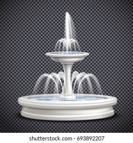 Colored fountains realistic isolated transparent composition with water splashes for site design vector illustration