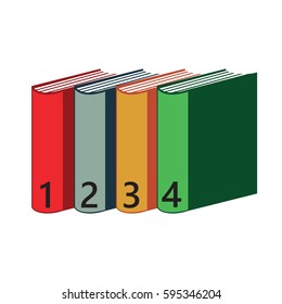 Colored Four books on a shelf on the white background