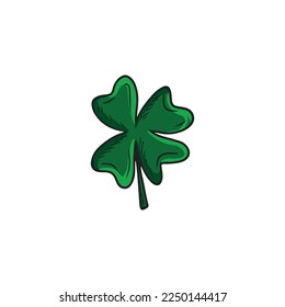 Colored four-leaf green clover isolated on white background. Hand drawn vector sketch illustration in doodle engraved vintage outline style. St. Patrick's day, lucky, botanical, plant, fortune