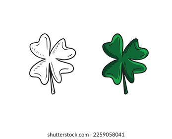 Colored four-leaf green clover isolated on white background. Hand drawn vector sketch illustration in doodle engraved vintage outline style. St. Patrick's day, lucky, botanical, plant, fortune