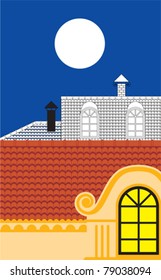 colored fragment of an old house with a roof tile and attic