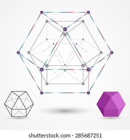 Colored frames of connected lines and dots. Cuboctahedron geometric element. The concept for the theme of science and education. Vector illustration.