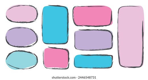 Colored frames in doodle style. Set of hand drawn paper quote frames for text .  Colored shaped text box. Vector illustration