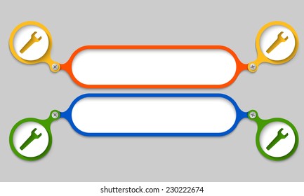 colored frames joined by a bolt and spanner