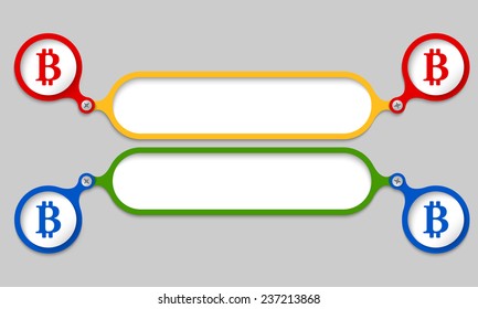 colored frames joined by a bolt and bit coin symbol
