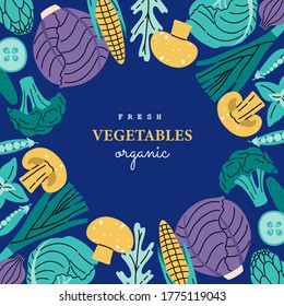 Colored fresh vegetables in circle frame, greeting card template. Posters, placards and banners. Hand drawn vector illustration in modern flat doodle style, isolated on dark blue background