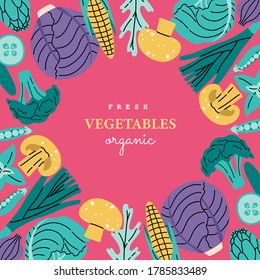 Colored fresh vegetables in circle frame, greeting card template. Posters, placards and banners. Hand drawn vector illustration in modern flat doodle style, isolated on pink background