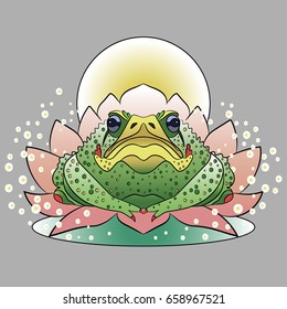Colored frog in oriental style. Illustration for posters, tattoo, logo.