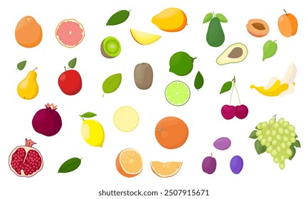 Colored fruit set isolated on a white background. Whole and chopped fruits and green leaves. Vector Illustration, icon. 