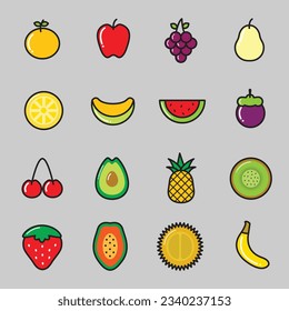 colored fruits icon, hand drawn fruits icon collection, banana, cherry, pineapple, watermelon, pear