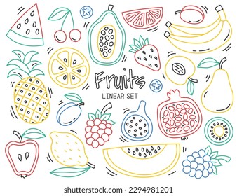 Frutos de colores en el arte lineal. Perfiles lineales continuos de doodles de frutas exóticas y frescas. Elementos de diseño creativo de sandía, granada, limón, piña y pera. Ilustraciones de alimentos orgánicos