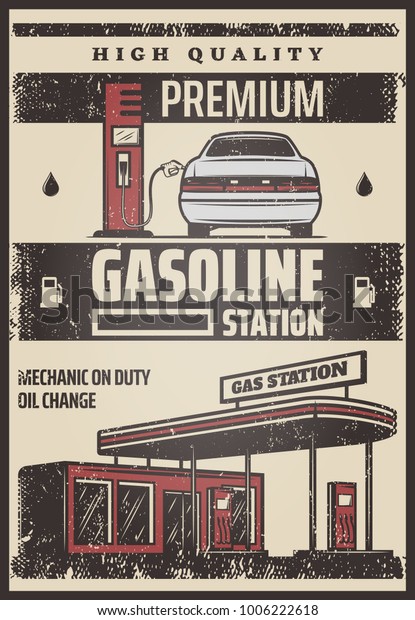 Colored fuel station\
poster with inscriptions and car refilling process in vintage style\
vector illustration