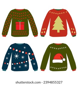 Colored fun christmas sweaters on a white background with copy space