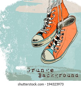 Colored funky hanging gumshoes skateboard fashion sneakers grunge style background vector illustration