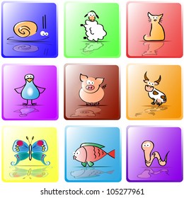 Colored funny animals from farm on the colored cards