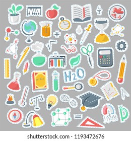 Colored Funny Back to School supplies, elements and objects. Autumn back to school supplies in funny doodle cartooning design. School supplies icon collection. Set of school science objects, doodle