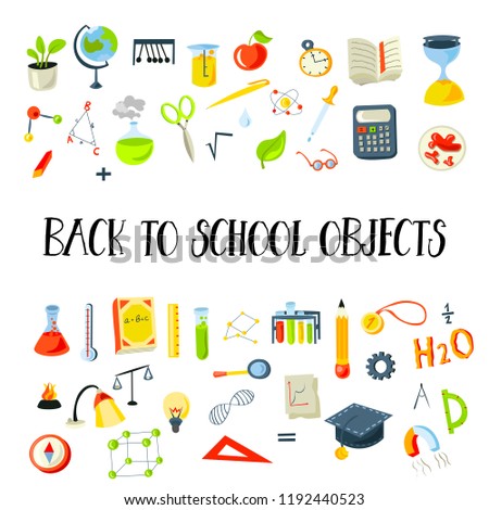 Colored Funny Back to School supplies, elements and objects. Autumn back to school supplies in funny doodle cartooning design. School supplies icon collection. Set of school science objects, doodle