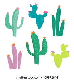 Colored funny cactus vector set on white background.