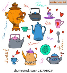 colored funny cartoon tea dish set with different colored text signs and hearts