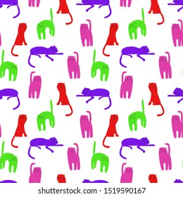Colored funny cats on white background vector seamless pattern. Flat colored vector silhouettes of a cat