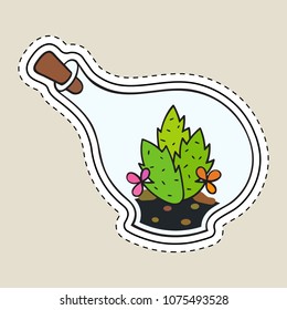 Colored funny cute cartoon cactus patch with black contour. Cactus with flower in terrarium. Mexican plant. Design element for banner, tag, label, sticker, icon, badge, t-shirt. Vector illustration.