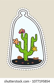 Colored funny cute cartoon cactus patch with black contour. Cactus with flower in terrarium. Mexican plant. Design element for banner, tag, label, sticker, icon, badge, t-shirt. Vector illustration.