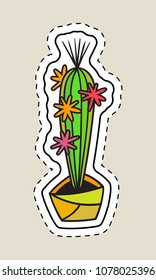 Colored funny cute cartoon cactus patch with black contour. Cactus with flower in pot. Mexican plant. Design element for banner, tag, label, sticker, icon, badge, t-shirt. Vector illustration.