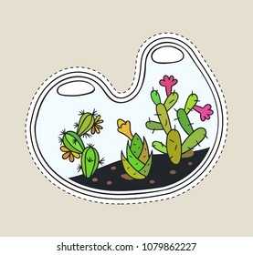 Colored funny cute cartoon cactus patch with black contour. Cactus with flower in terrarium. Mexican plant. Design element for banner, tag, label, sticker, icon, badge, t-shirt. Vector illustration.