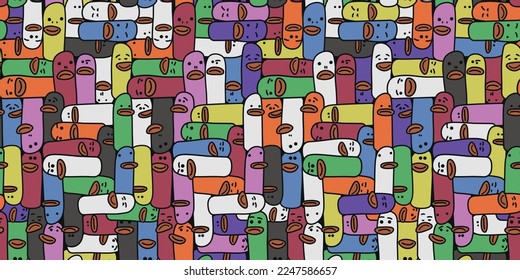 Colored and funny doodles. Texture multicolored for print and stylish illustration. Lipped funny people for clothes, notebooks, seamless packaging.